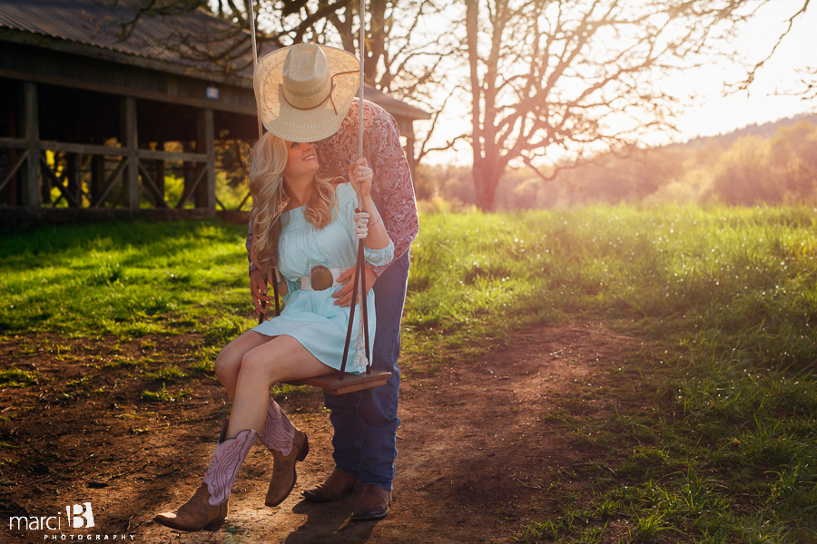 Engagement photographer - Corvallis - Bald Hill - country theme - swing