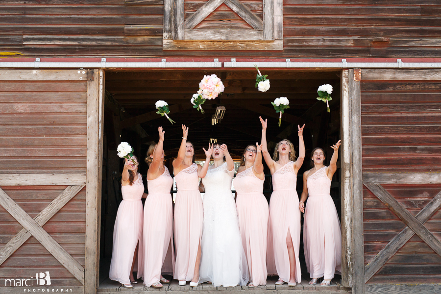 Bride and bridesmaids - red barn