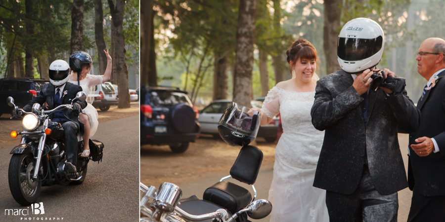 Bride and groom on motorcycle