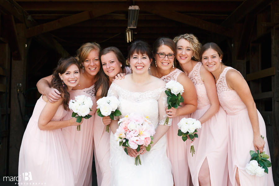 Bride and bridesmaids - red barn