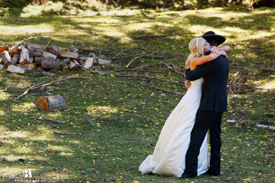 Bride and groom first look - country wedding - cow pasture