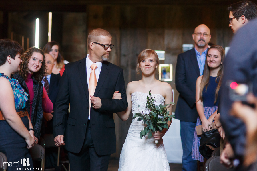 Corvallis wedding photography - walking down the aisle - Ohana Barn