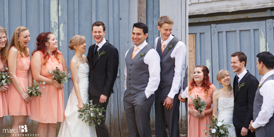 Wedding party portraits - Peavy Arboretum - Blue barn