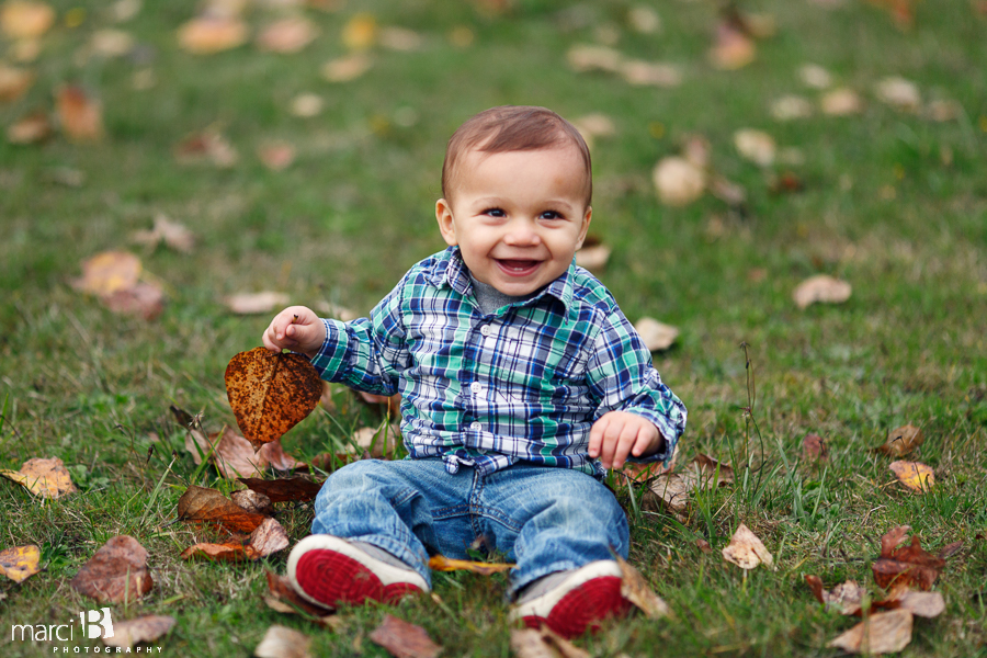 one year old photos - outdoors - fall leaves