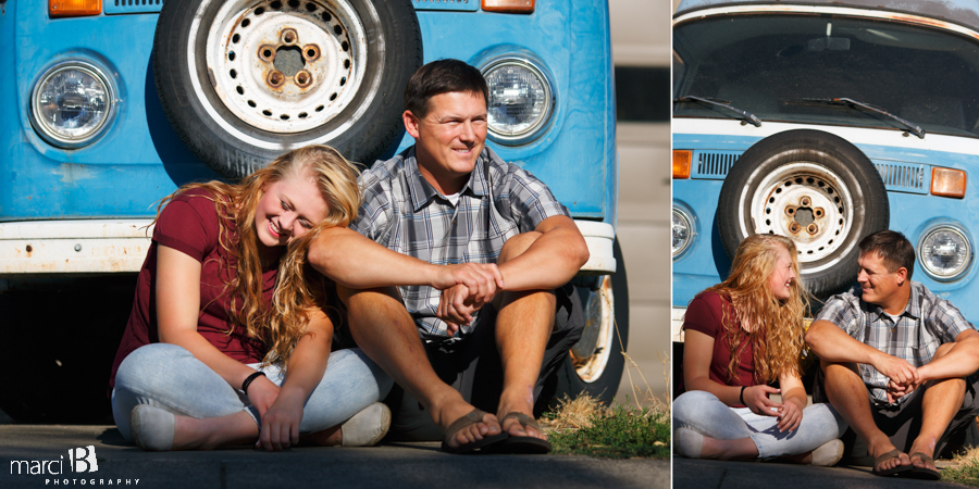 senior photos - volkswagon van - dad and daugther