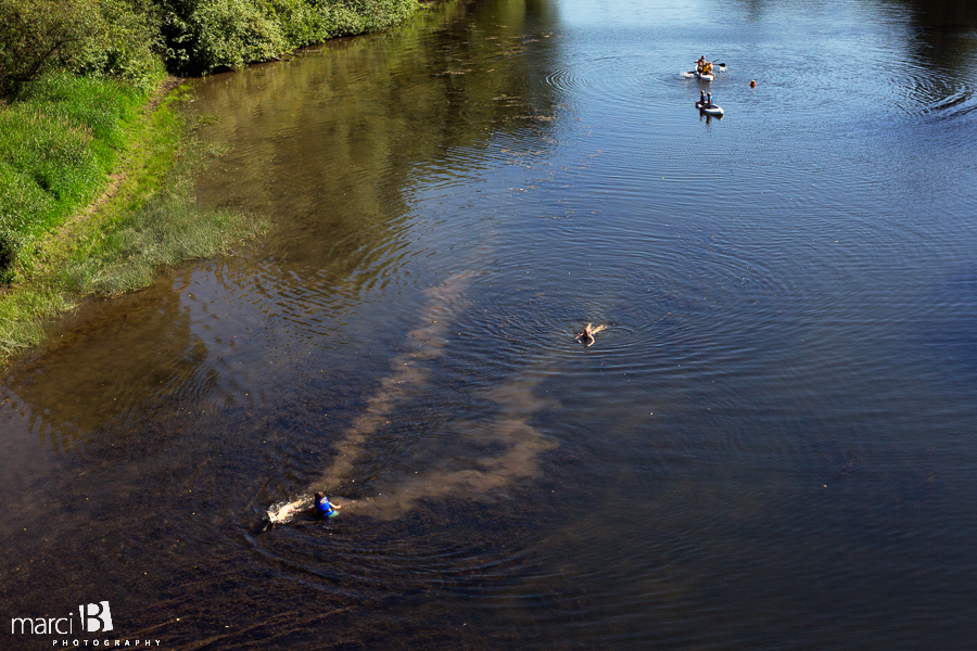 lifestyle photography - kids and dog on paddleboard - swimming in the river - Willamette River - Pacific Northwest