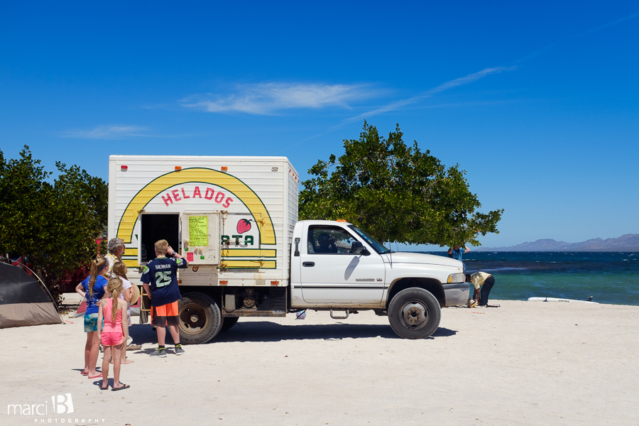 Baja family road trip - Ice cream truck at Bahia Concepcion - vendors on the beach - easy camping