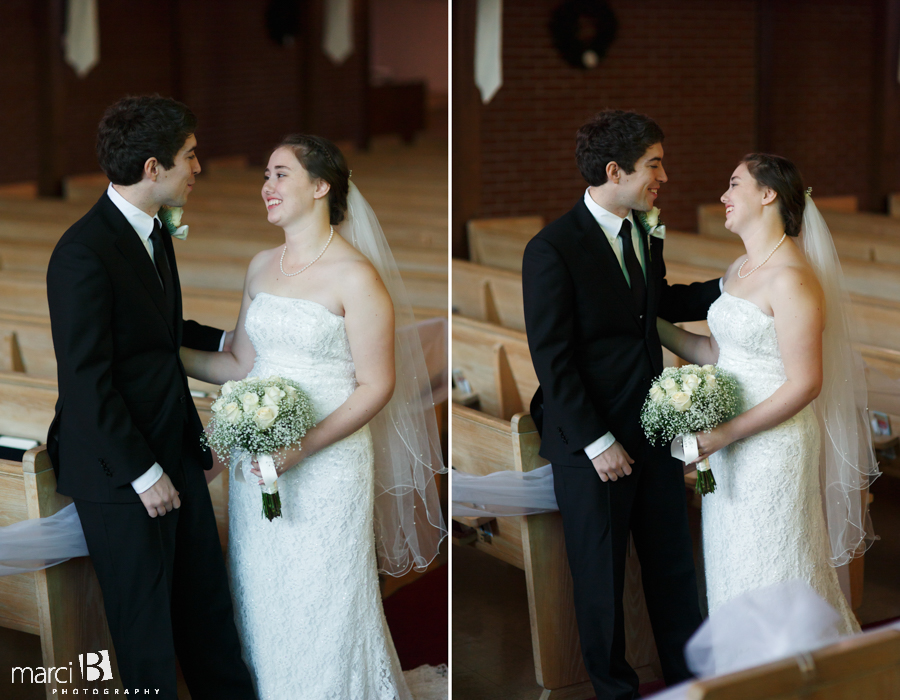first look - groom sees bride for first time - portraits in sanctuary - bride and groom photos