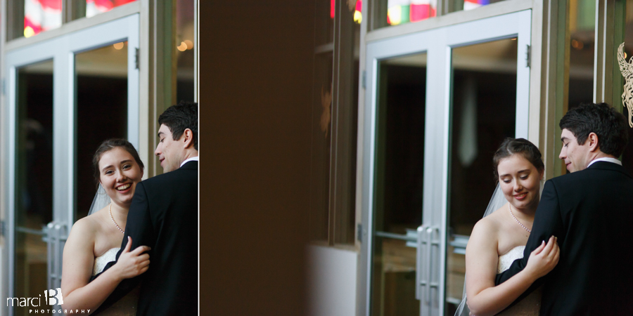 first look - groom sees bride for first time - portraits in sanctuary - bride and groom photos