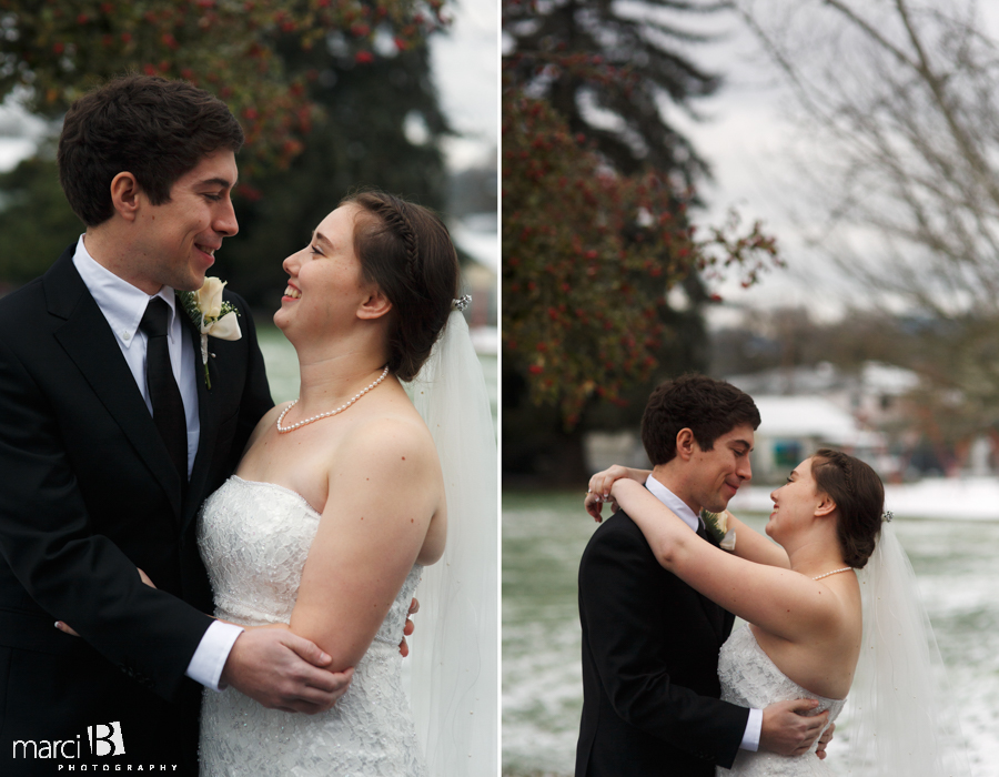first look - groom sees bride for first time - portraits in sanctuary - bride and groom photos - winter wedding - bride and groom in snow