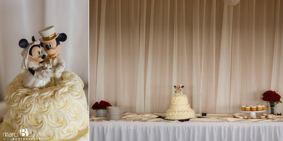 Newport wedding photography - Oregon wedding photographer - beach wedding - bride and groom portraits - reception details - wedding cake - mickey mouse and minnie wedding topper