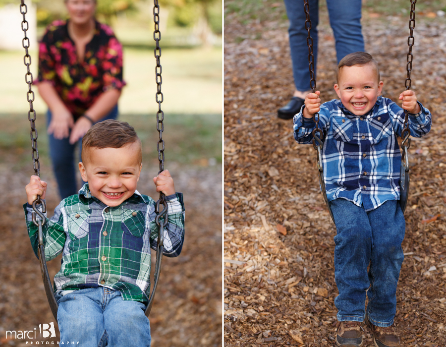 fall family photos - Corvallis photography - family photographer - photos of kids playing in leaves - boys in plaid