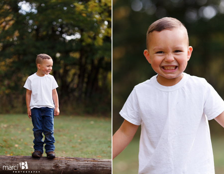 fall family photos - Corvallis photography - family photographer - photos of kids playing in leaves - boys in plaid - headshot