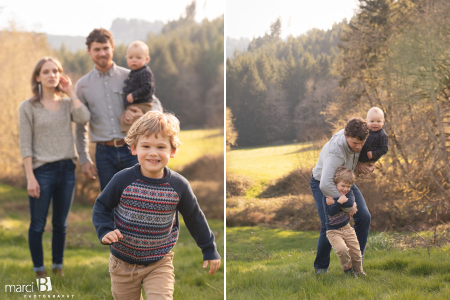 family photographer takes pictures of family with two young boys in Oregon Coast Range - Corvallis professional photographer