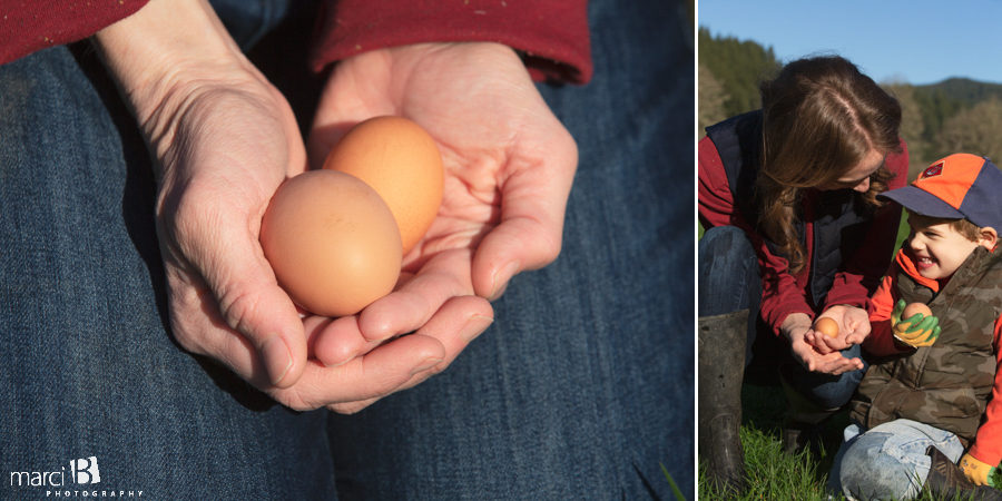 family photographer takes pictures of family with two young boys in Oregon Coast Range - Corvallis professional photographer - farm fresh eggs