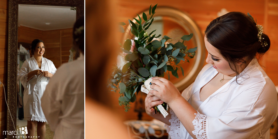 Bride preparing wedding bouquet