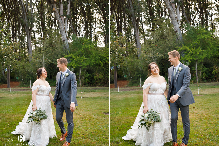 bride and groom walking together