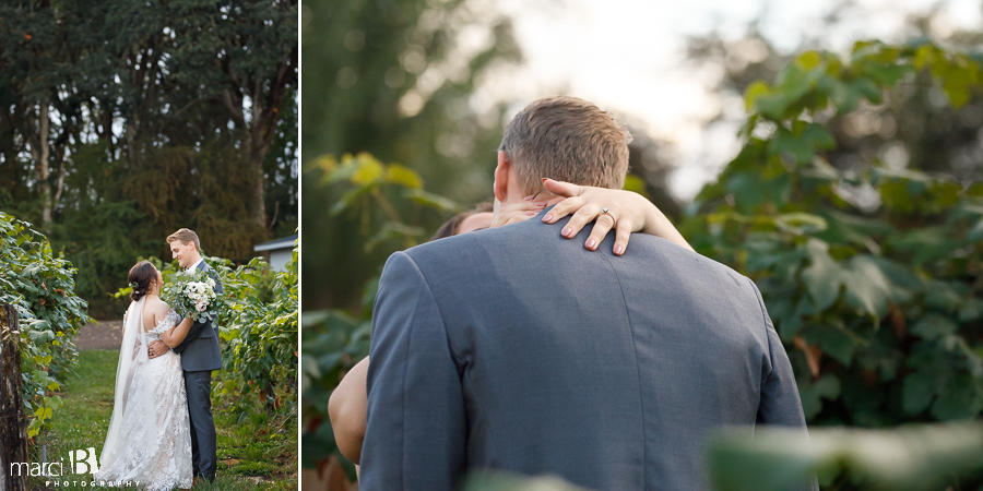 bride and groom in vineyard in corvallis wedding