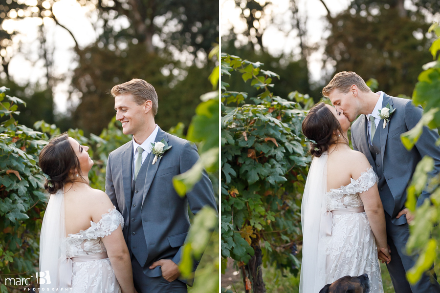 bride and groom kiss after ceremony